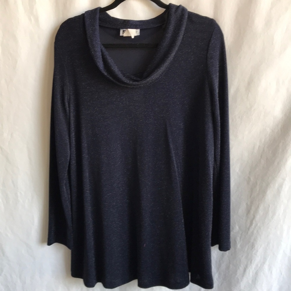 Due Date navy long sleeve tunic with embedded silver metallic thread, size L